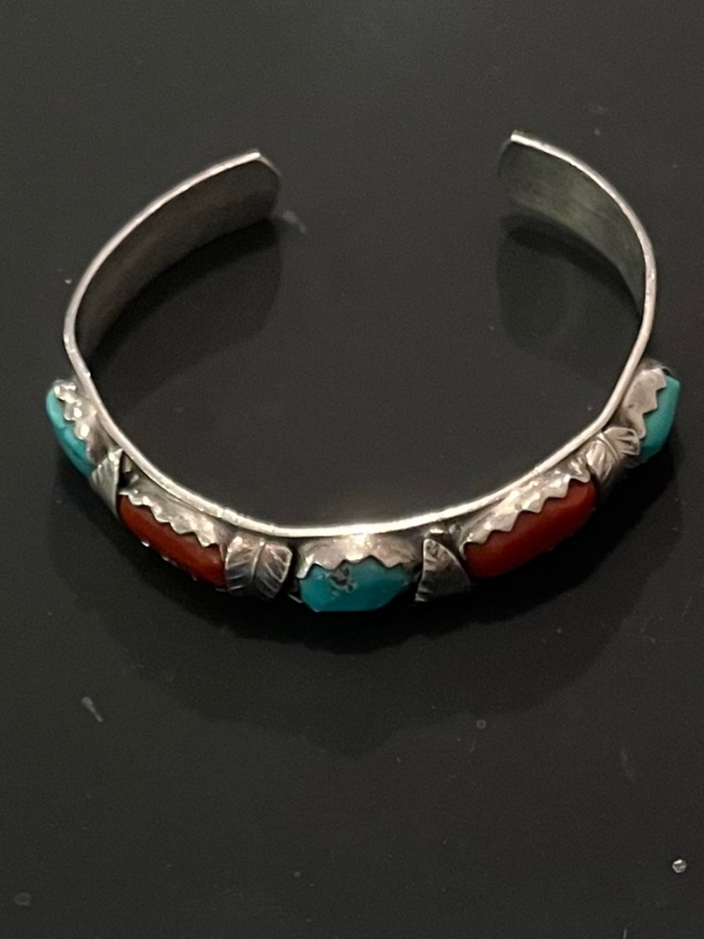 Vintage Native American Zuni Silver, Turquoise, Coral Bracelet by Fabian Cheama